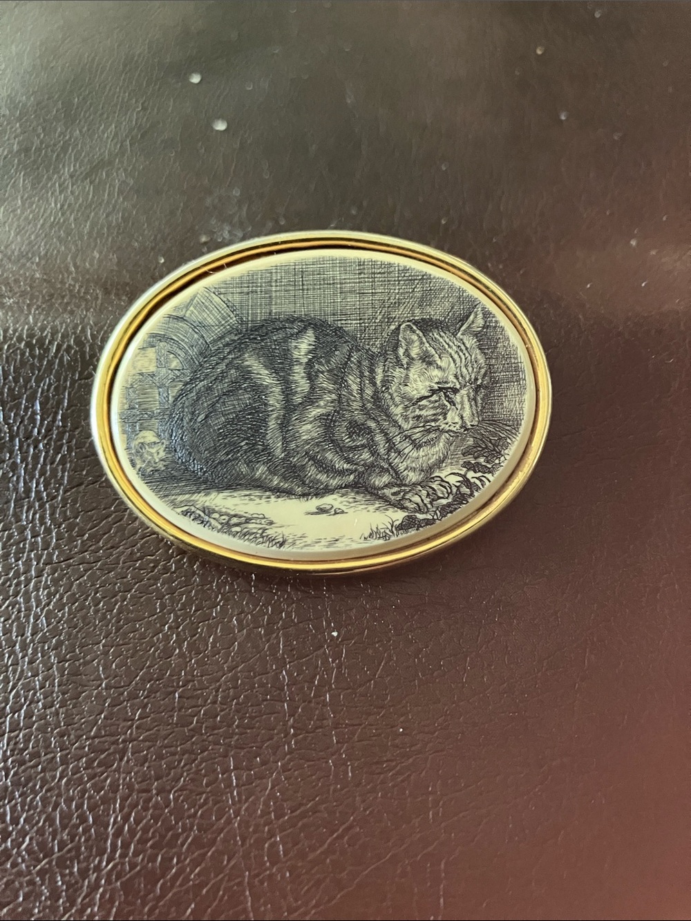 Gold-Tone Cat Brooch Pin in Black & White Illustration
